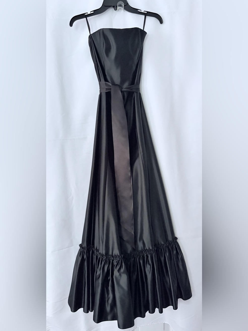 VINTAGE Jessica McClintock Black Satin Strapless Dress with Ruffle Hem